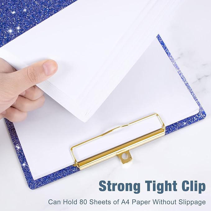 Piasoenc Acrylic Clipboards, Fashion Glitter Clip Board with Low Profile Gold Clip, Designed for Classroom School and Office Use, A4 Letter Size 9 x 12.5 in,Blue