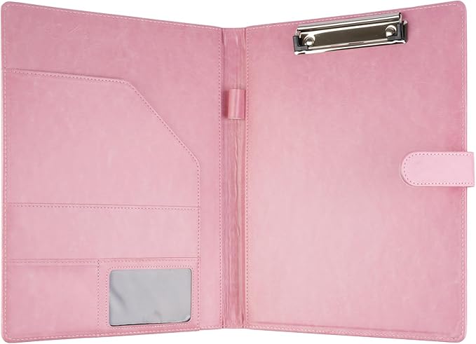 Professional Padfolio with Clipboard, Faux Leather Portfolio Folder Binder, Legal Pad Holder for A4 Letter Size Notepad, Resume, Writing, Ideal Organizer for Business Office Conference (Pink)
