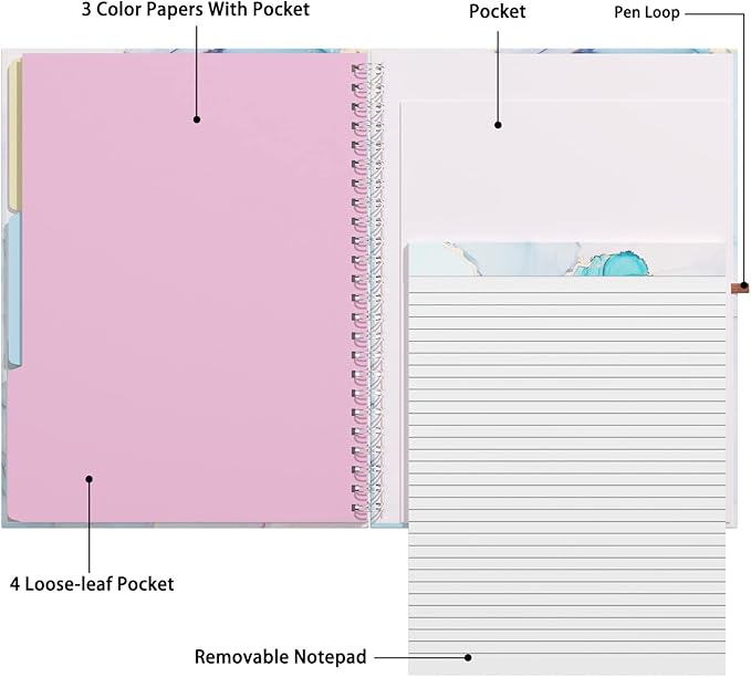 Rimilak Spiral Clipboard Folio with Refillable Lined Notepad, 14.5 x 9.8 In, Hardcover Cover with 5 Interior Pockets, Elastic Band and Pen Loop Series. Cute Stylish Clipfolio, Purple Marble