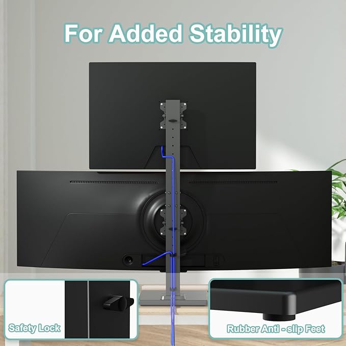 Suptek Dual Monitor Stand with Base Vertical Stack Screen Free-Standing Monitor Riser Fits Two Screen Max 36" & One Screen Max 43" with Swivel, Tilt, Height Adjustable,50,75 and 100mm Vesa Base Stand