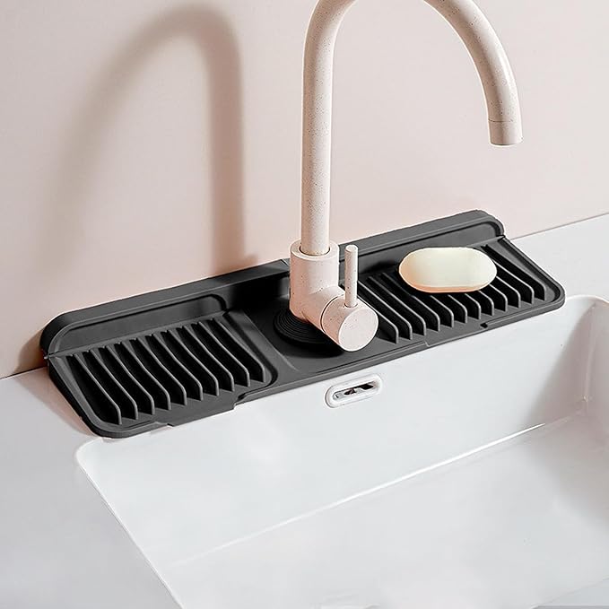 Longer Silicone Faucet Mat for Kitchen Sink – Button Style Faucet Drip Catcher & Leak-Proof Sink Splash Guard with 6° Slope, Behind Faucet Draining Mat,Gadgets for Bathroom (black, small)