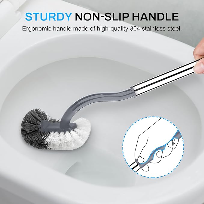 SetSail Toilet Brush and Holder Set, Compact Size Curved Toilet Bowl Brush for Bathroom Deep Cleaning with Stainless Steel Handle Toilet Cleaner Brush, Grey