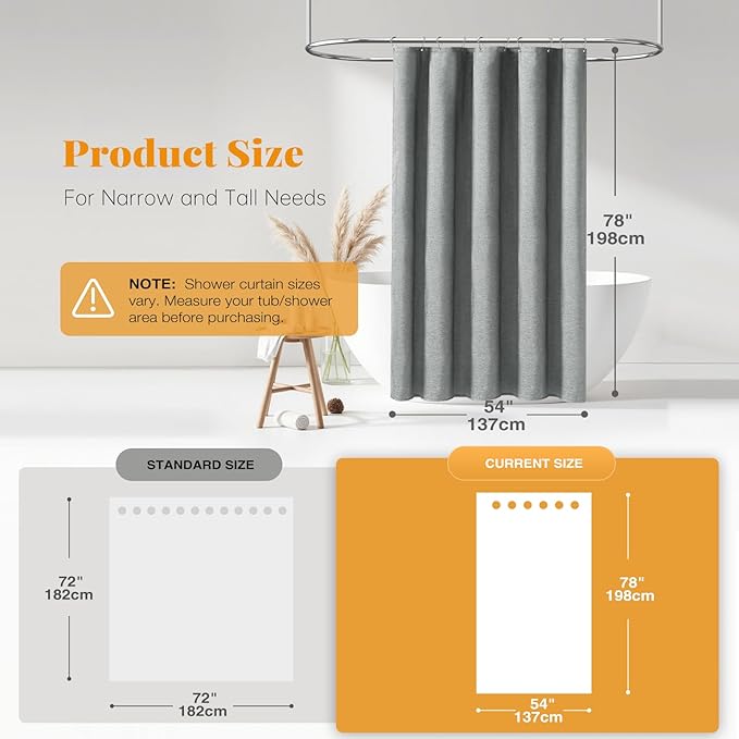 BTTN Stall Fabric Shower Curtain, 54x78 Inch Long Linen Textured Heavy Duty Small Cloth Shower Curtain Set with 10 Plastic Hooks, Narrow Hotel Spa Luxury Weighted Bath Curtains for Bathroom, Gray/Grey