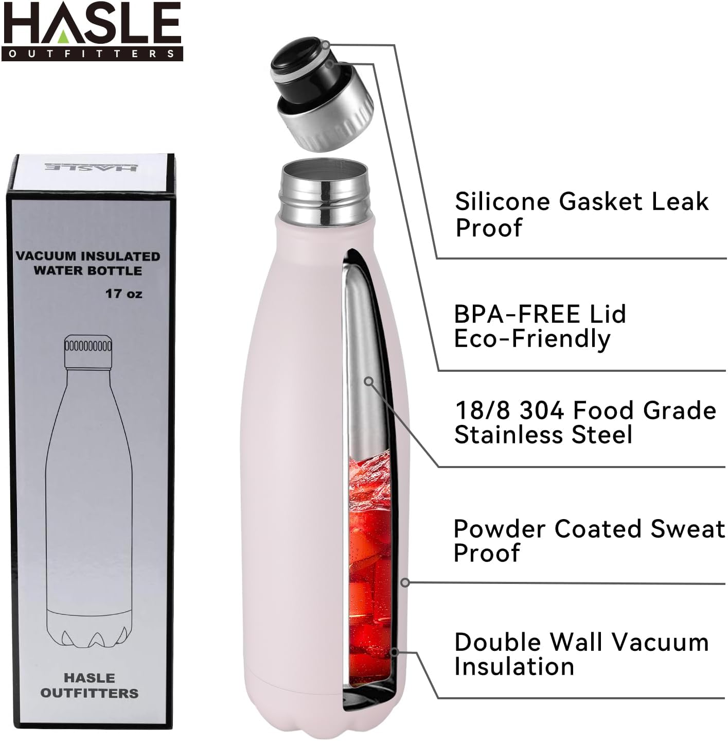 HASLE OUTFITTERS 17oz Stainless Steel Water Bottles Bulk, Vacuum Insulated Water Bottles Double Walled Powder Coated Reusable Metal Sports Water Bottles Keep Drinks Hot and Cold,Pink, 8Packs