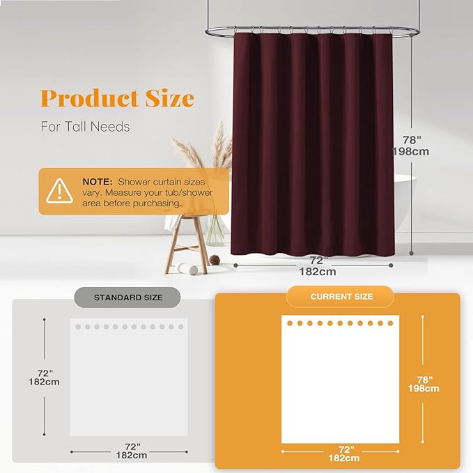 BTTN Fabric Shower Curtain, Linen Textured Heavy Duty Polyester Cloth Shower Curtain Set with Plastic Hooks, Burgundy, 72" W x 78" L (Pack of 1)