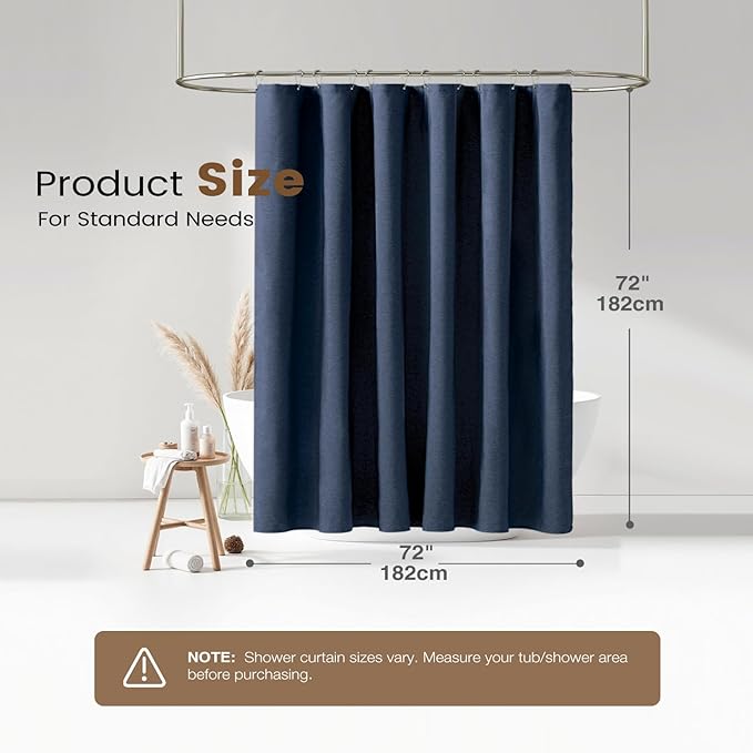 BTTN 3 in 1 Shower Curtain Set, Navy Blue Linen Textured Fabric Shower Curtain and Clear Liner Set with Plastic Hook, Modern Hotel Luxury Weighted Waterproof Shower Curtain for Bathroom, Blue, 72x72