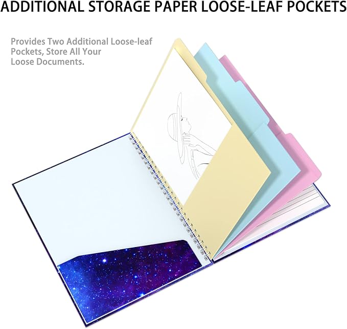 Rimilak Spiral Clipboard Folio with Refillable Lined Notepad, 14.5 x 9.8 In, Hardcover Cover with 5 Interior Pockets, Elastic Band and Pen Loop Series. Cute Stylish Clipfolio, Purple Nebula