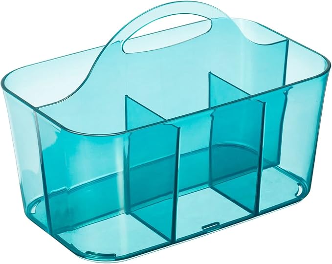 mDesign Plastic Portable Craft Storage Organizer Caddy Tote, Divided Basket Bin w/Handle - Craft, Sewing, Art Supplies - Holds Brushes, Colored Pencils - Lumiere Collection - Dark Aqua Blue Tint