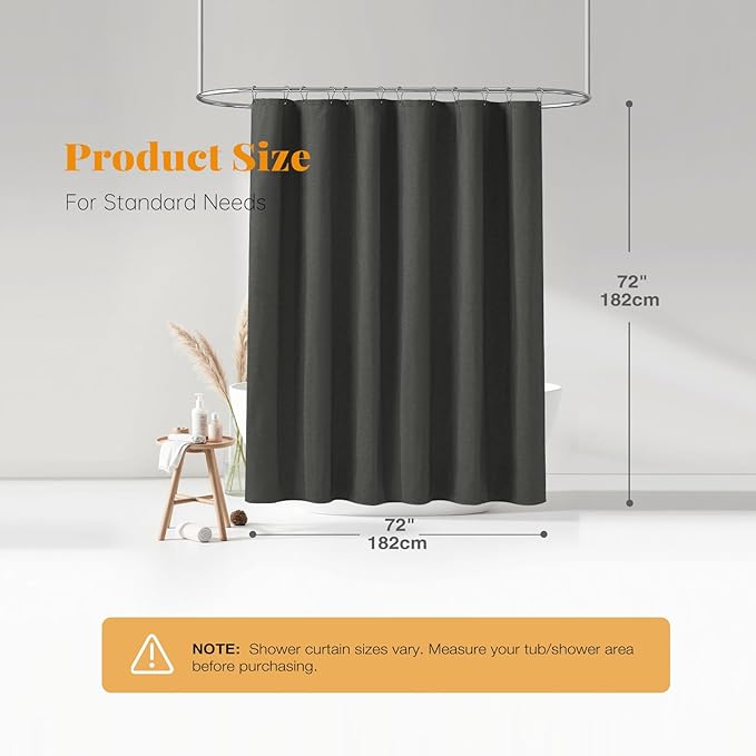 BTTN Charcoal Grey Shower Curtain - Linen Textured Heavy Duty Thick Waterproof Cloth Shower Curtain Set with 12 Plastic Hooks, Hotel Luxury Decorative Fabric Shower Curtain for Bathroom, 72x72, Gray
