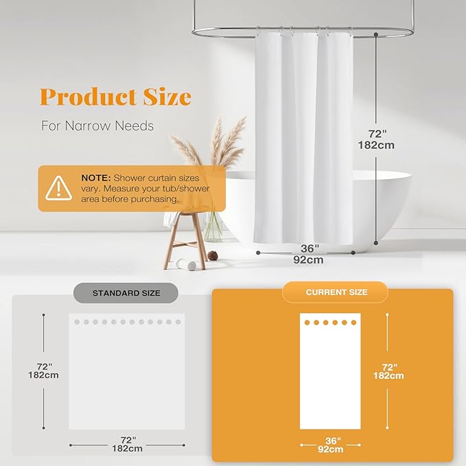 BTTN Stall Fabric Shower Curtain - 36 Inches Linen Textured Heavy Duty Small Cloth Shower Curtain Set with 6 Plastic Hooks, Narrow Hotel Luxury Weighted Shower Curtains for Bathroom - W36 xH72, White