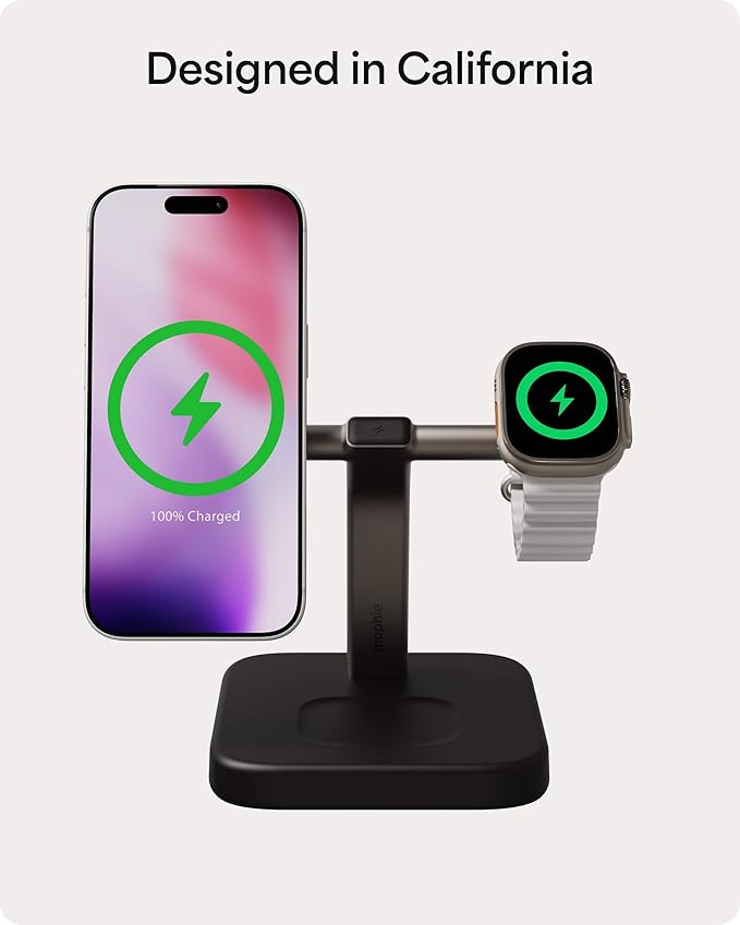 Mophie 3-in-1 Wireless Charging Stand - Qi2-Certified, MagSafe Charger for iPhone, Apple Watch & AirPods – Fast Charging Station with Adjustable Phone Stand & Cable Management – Up to 15W Power, Black