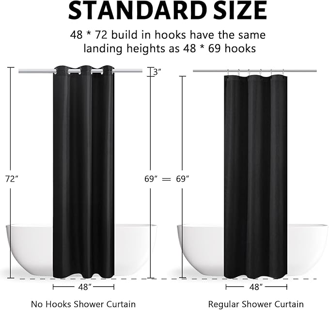 Furlinic Black Stall No Hook Shower Curtain,Heavy Duty Fabric Bathroom Curtain with 6 Plastic Built-in Hooks,Washable & Waterproof,Small Narrow,48x72 Inch