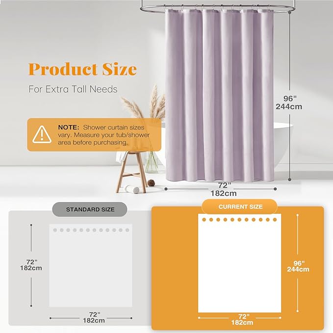 BTTN Extra Long Shower Curtain, 96 Inch Long Linen Textured Heavy Duty Fabric Shower Curtain Set with 12 Plastic Hooks, Tall Decorative Neutral Waterproof Cloth Shower Curtain for Bathroom, Lavender