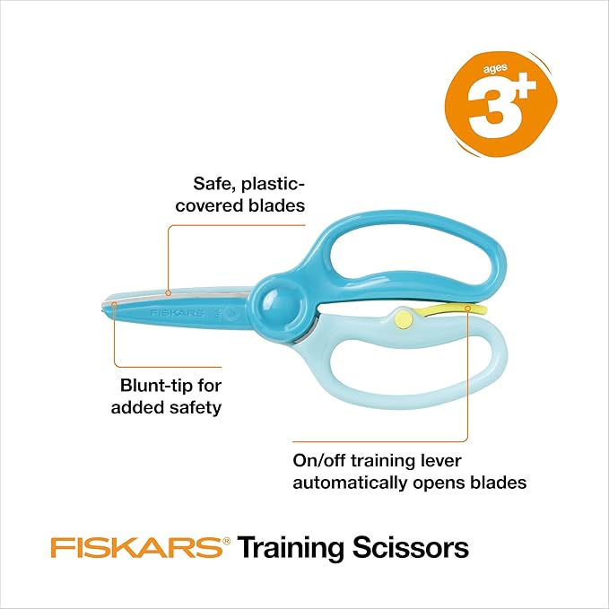 Fiskars Training Scissors for Preschoolers Ages 3+ (3-Pack), Small Kids Safety Scissors with Training Lever, Easy to Use, Preschooler Art Supplies, Back To School, Turquoise and Red