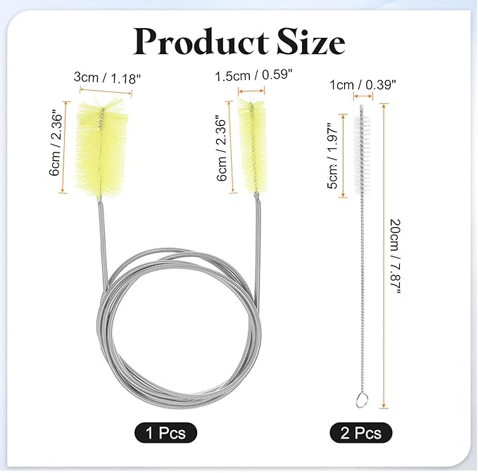 HARFINGTON 3pcs Flexible Long Drain Brush Straw Cleaner Set 61.02" Stainless Steel Double Ended Hose Brush with 8" Nylon Long Tube Pipe Cleaning for Fish Tank Sink Pipe, White