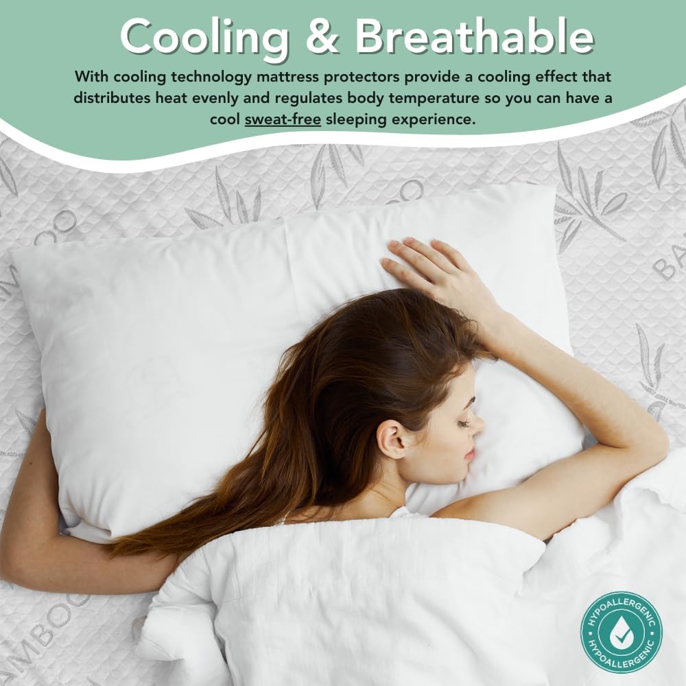 Bamboo Rayon Mattress Protector with Zipper + 2 Pillow Protectors - 100% Waterproof Cooling Queen Size Cover - Ultra Soft Fabric Breathable Noiseless Mattress Pad Covers Zippered Encasement