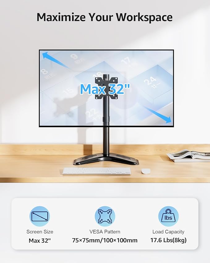 MOUNTUP Single Monitor Stands, Freestanding VESA Monitor Desk Mount fits 13'' to 32'' Computer Screen with Height Adjustable, Swivel, Tilt, Rotation, Holds up to 17.6 lbs, VESA 75x75/100x100 MU0023