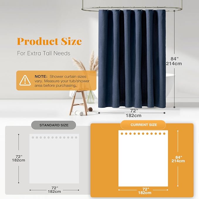 BTTN Extra Long Shower Curtain - 72x84 Inch Long Linen Textured Heavy Duty Fabric Shower Curtain Set with 12 Plastic Hooks, Tall Luxury Simple Waterproof Cloth Shower Curtains for Bathroom, Navy Blue