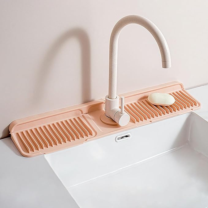 Longer Silicone Faucet Mat for Kitchen Sink – Button Style Faucet Drip Catcher & Leak-Proof Sink Splash Guard with 6° Slope, Behind Faucet Draining Mat,Gadgets for Bathroom (pink, large)