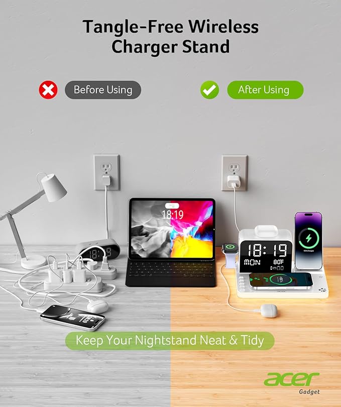 Acer 7-in-1 Wireless Charging Station with LED Clock - 30W Fast Wireless Charger for iPhone 16/15/14/13/12/Pro Max, Apple Watch, AirPods - Bluetooth Auto Time Sync & Night Lights (White)
