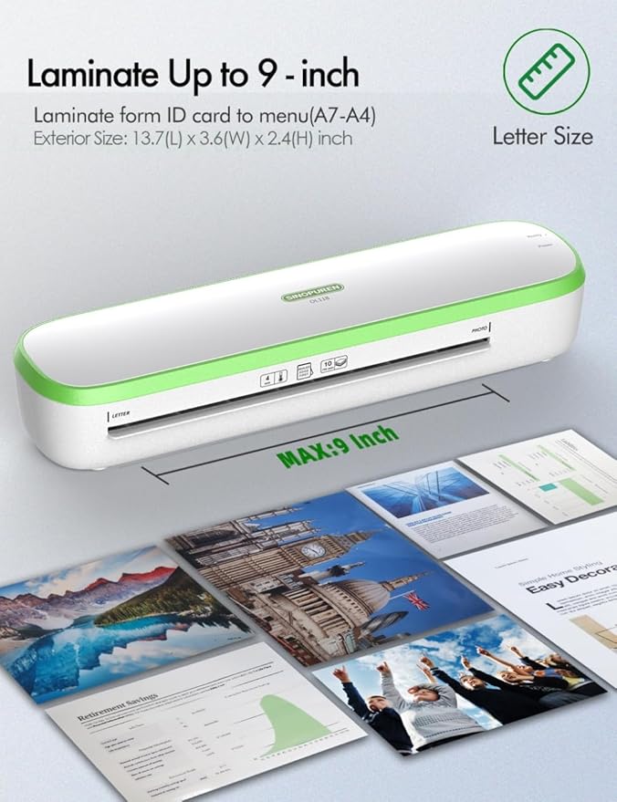 Quiet Laminator Machine for Home & Teachers – SINOPUREN 9-Inch Thermal Laminator, Whisper-Quiet, Fast 3-Min Warm-Up, Jam-Free ABS, Paper Cutter & Corner Rounder, for School, Crafts & Office