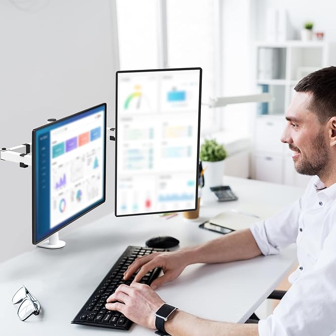 Mount Stand Fits 2 Screens up to 27 inch, 22 lbs. Weight Capacity per Arm (M002-W), White