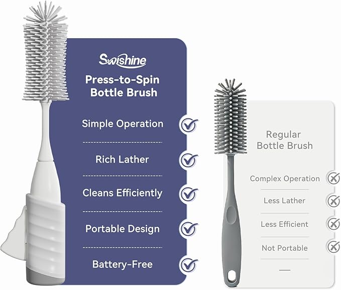 Bottle Brush Set, Innovative Efficient Press-to-Spin Brush Cleaner - Includes Silicone Baby Bottle Brush, Nipple Brush, Straw Cleaner - Spinning Generates Rich Foam for Deep Cleaning, Gray