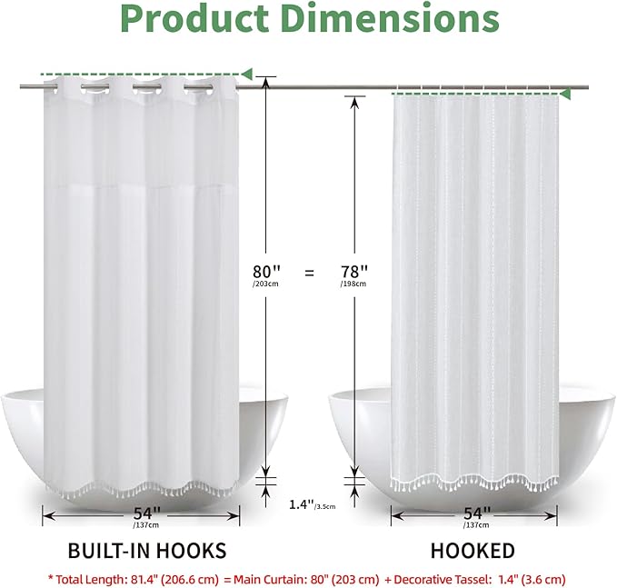 No Hook Long Shower Curtain Set with Snap-in Fabric Liner,Linen Ultra Thick Fabric with Tassels,Boho Chic Modern Farmhouse Country Neutral Cloth Shower Curtains for Bathroom,White,71x80