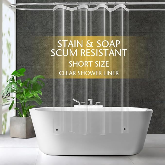 Short Size PEVA Plastic Shower Curtain Liner Premium Light Weight 47" x 64" Clear Bathroom Shower Showroom Curtain Liner with Rustproof Metal Gromments and Weighted Magnet