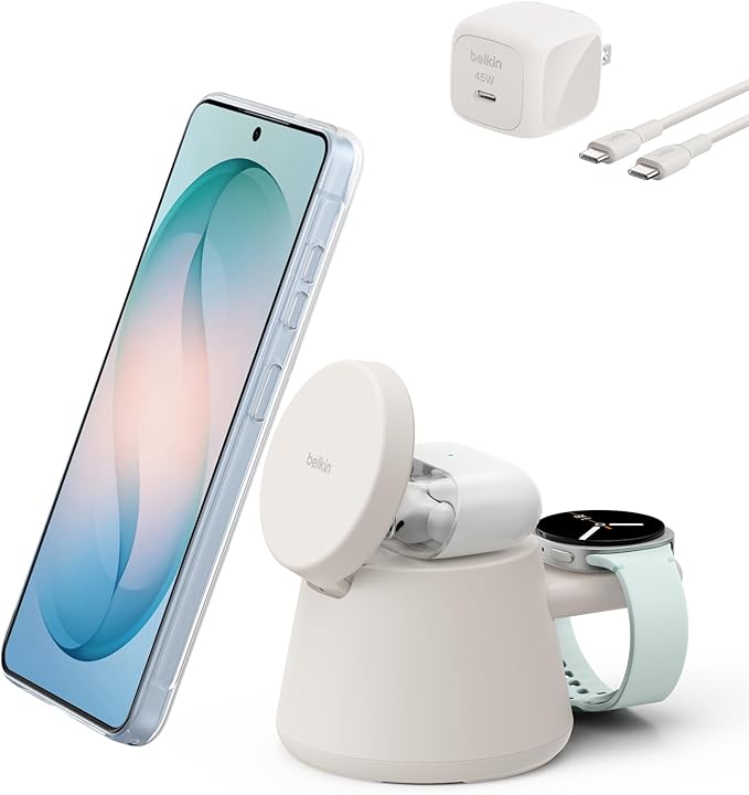 Belkin 3-in-1 Wireless Charging Station for Samsung Galaxy S26, Android - Qi2.2 25W Magnetic Charger for Pixel 10, iPhone 17, USB C Port for Galaxy, Pixel, & Apple Watch (Watch Charger Not Included)