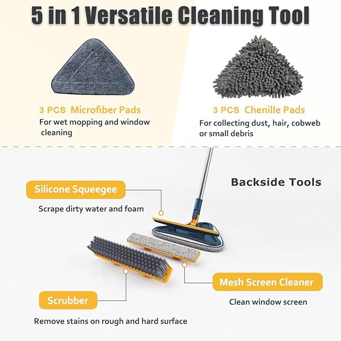 Wall Cleaner Mop with Long Handle, 5-in-1 Wall Cleaning Dust Mop with 6 Replacement Chenille Microfiber Pads, Squeegee, Scrubber, Duster Cleaning Tools for Wall, Window, Floor, Ceiling