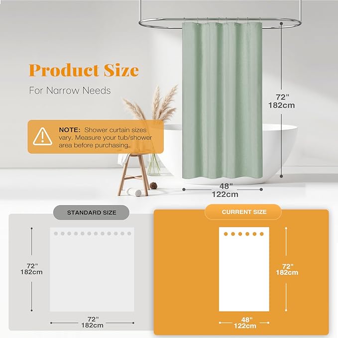 BTTN Stall Fabric Shower Curtain - 48x72 Inch Narrow Linen Textured Heavy Duty Shower Curtain Set with 8 Plastic Hooks, Hotel Spa Luxury Small Waterproof Neutral Bath Curtain for Bathroom - Sage Green