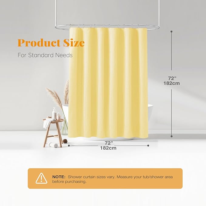 BTTN Yellow Fabric Shower Curtain - Linen Textured Weighted Cloth Shower Curtain Set with 12 Plastic Hooks, Machine Washable, Modern Hotel Luxury, Decorative Neutral Bath Curtains for Bathroom, 72x72