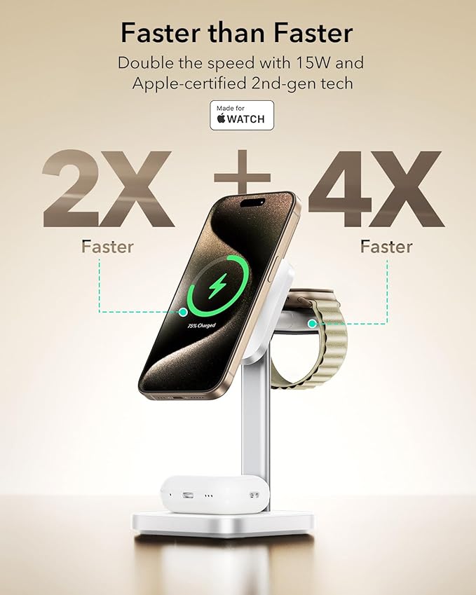 ESR for 3 in 1 Wireless Charging Station, Certified Apple Watch Charger, 15W MagSafe Charger Stand for iPhone, Wireless Charger for Multiple Devices iPhone 17/16/15/14/13, Watch, AirPods, White