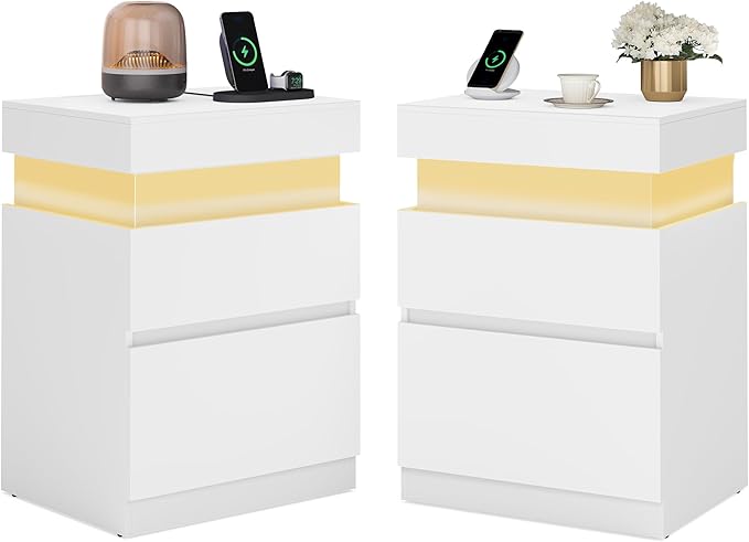 VASAGLE Kailyn Collection - Nightstands with Power Outlets, Sliding Lid, Modern Bedside Tables with LED Lights, End Tables, 2 Drawers, Set of 2, 15.7 x 18.9 x 26.8 Inches, Cloud White ULET650WB01S-2J