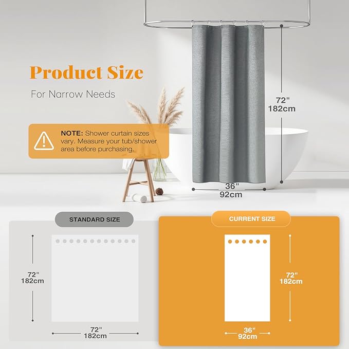 BTTN Stall Grey Fabric Shower Curtain, 230GSM Linen Textured Heavy Duty Cloth Shower Curtain Set with Hooks, Waterproof Neutral Weighted Luxury Decorative Shower Curtains for Bathroom(Gray, W36xH72)