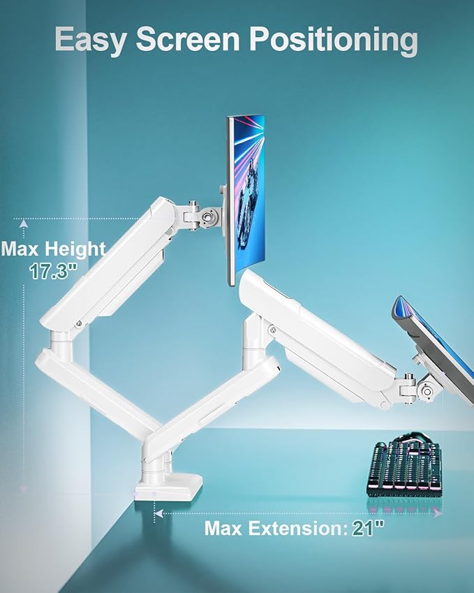 Dual Monitor Desk Mount, 13-32 inch Adjustable Full Motion Monitor Arm, Computer Display Stand Holder with Clamp and Grommet Base, Fits 4.4 to 22lbs Screens, VESA Mount Bracket, White, Freelift Pro