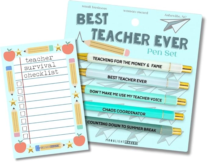 Moonlight Makers Funny Pens and Notepad Stationery Set - 5 Best Teacher Ever Engraved Ballpoint Pens, Black Ink, Teacher Survival Checklist Notepad, Cute Desk Supplies, Funny Work Gifts for Women