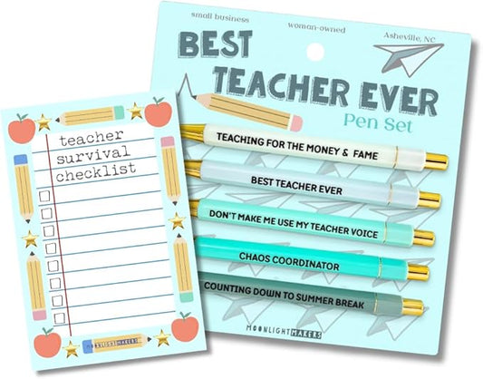 Moonlight Makers Funny Pens and Notepad Stationery Set - 5 Best Teacher Ever Engraved Ballpoint Pens, Black Ink, Teacher Survival Checklist Notepad, Cute Desk Supplies, Funny Work Gifts for Women
