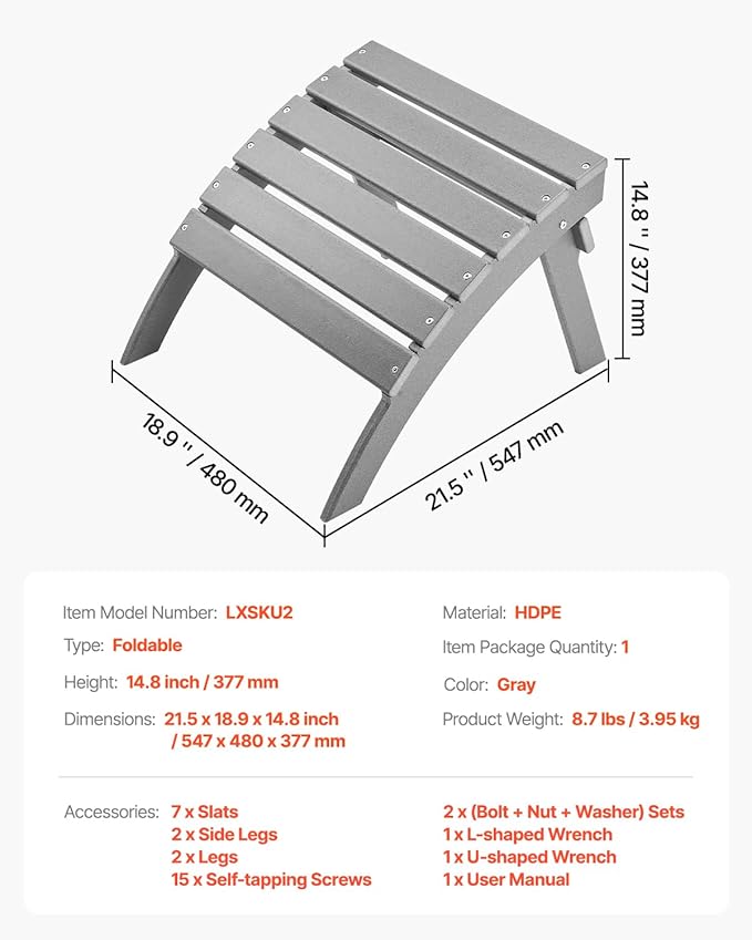 VEVOR Adirondack Ottoman, 21.5L x 18.9W x 14.8H Inch HDPE Plastic Folding Adirondack Ottoman, Weather-Resistant Foot Rest for Adirondack Chair, Widely Used for Outside Porch Pool Lawn Backyard, Gray