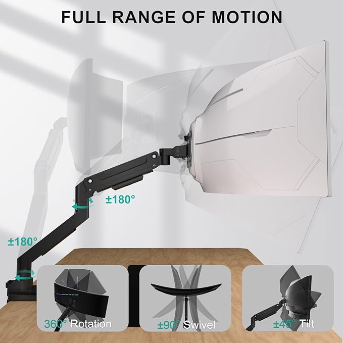 WALI Ultrawide Monitor Arm for 13-49 Inch Heavy Duty Curved Screens, Holds up to 44 Lbs, Adjustable Gas Spring Single Monitor Desk Mount with C-Clamp, Grommet Base, 75/100mm VESA, (GSM001XL), Black