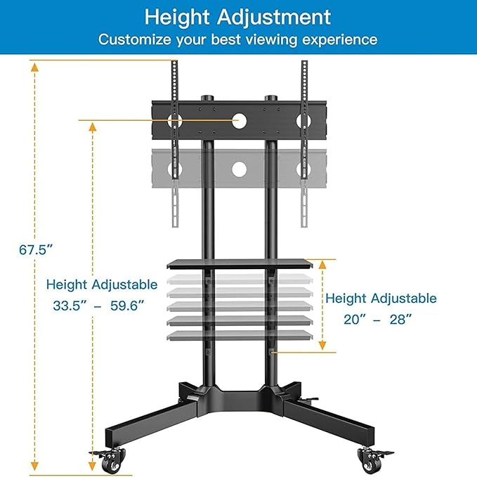 PERLESMITH Rolling TV Stand with Lockable Wheels for 32-86 Inch TVs Holds up to 132 Lbs, Height Adjustable Mobile TV Stand on Wheels with Laptop Shelf, Rolling Tv Cart Max VESA 600x400mm PSTVMC01