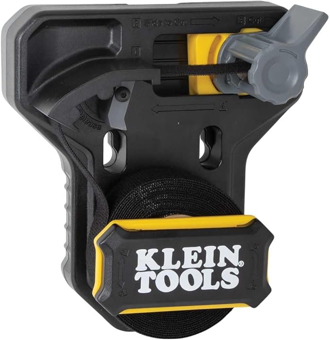 Klein Tools 450-900 Cable Management, Hook & Loop Dispenser with 12-Foot x 3/4-Inch Tape Roll, Cuts Custom Length Hook & Loop Strips, Black