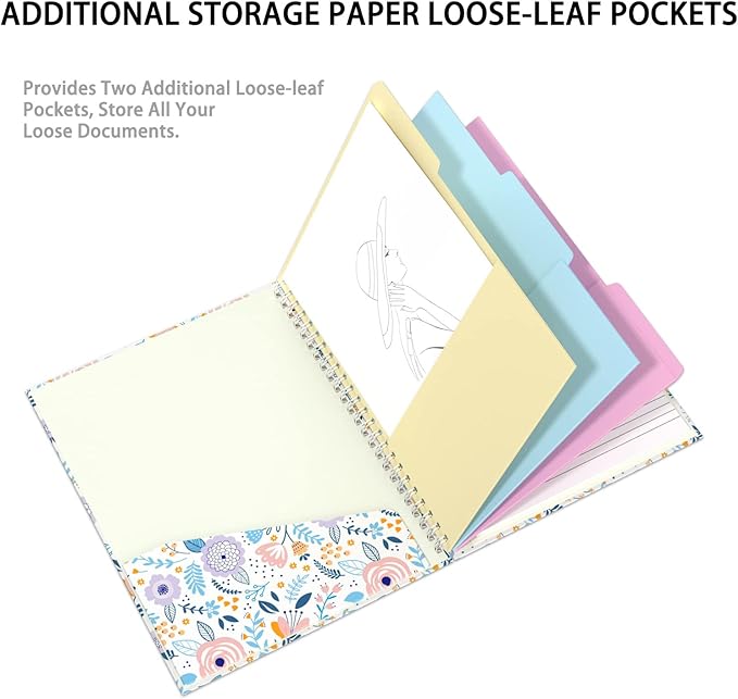 Rimilak Spiral Clipboard Folio with Refillable Lined Notepad, 14.5 x 9.8 in, Hardcover Cover with 5 Interior Pockets, Elastic Band and Pen Loop Series. Cute Stylish Clipfolio, Purple Flower