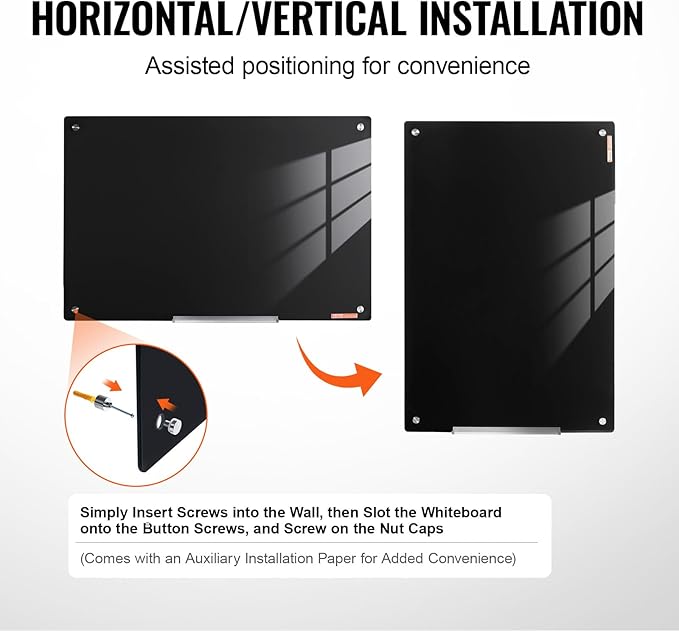 VEVOR Magnetic Glass Whiteboard, Dry Erase Board 36"x24", Wall-Mounted Large White Glassboard Frameless, with Marker Tray, an Eraser and 2 Markers, Black