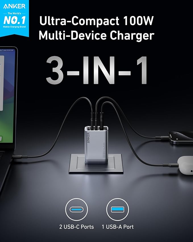 Anker Prime Charger, 100W 3-Port GaN USB C Charger Block, Foldable and Compact for MacBook, iPad, iPhone 17 Series, Galaxy S24/S23, and More