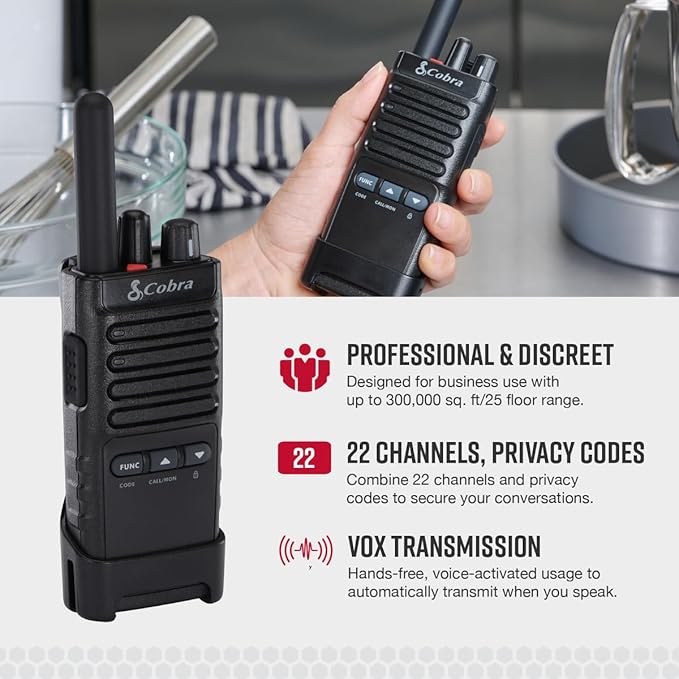 Cobra PX650 - Professional/Business Walkie Talkies - Rechargeable, 300,000 sq. ft/25 Floor Range, Dust Protected and Splashproof (IP54 rating), Two-Way Radio Set (2-Pack)