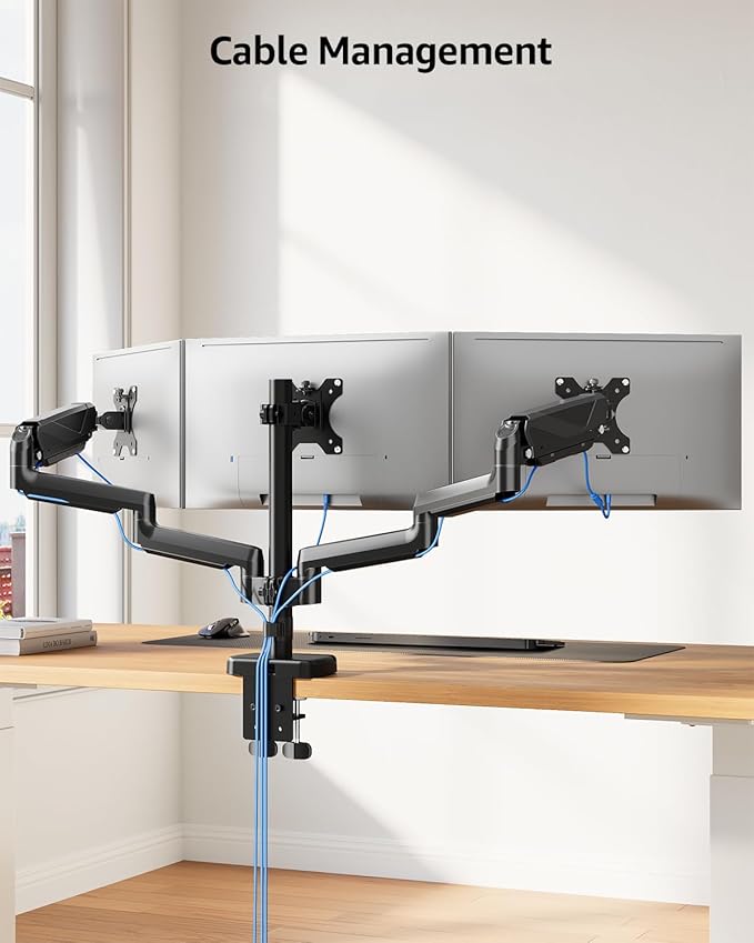 MOUNTUP Triple Monitor Mount, Triple Monitor Desk Mount for Max 27 inch Computer Screens, 3 Monitors Stand for Desk, Monitors Arm with Swivel, Tilt, Rotation, Each Arm Holds 4.4-19.8 lbs