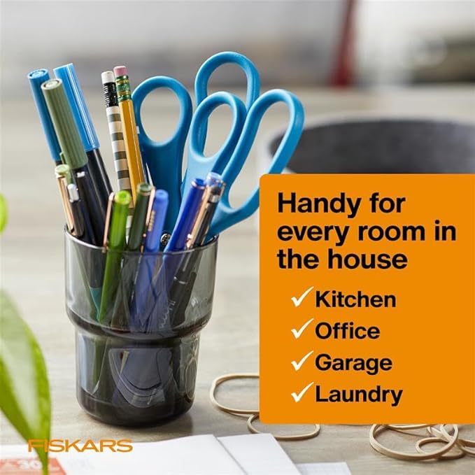 Fiskars 8" Scissors for Home & Office (2-Pack), Stainless Steel Scissors, All Purpose Cutting for Home, Arts & Crafts, Blue