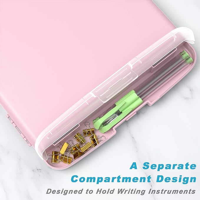 Rimilak Plastic Clipboard with Storage, 8.5 x 11″ High Capacity Folio Nursing Case with Pen Holder, Size 14.2 x 9.6 x 1.2″ Folder Side-Opening for Classroom, Teacher, Student, Smooth Writing, Pink